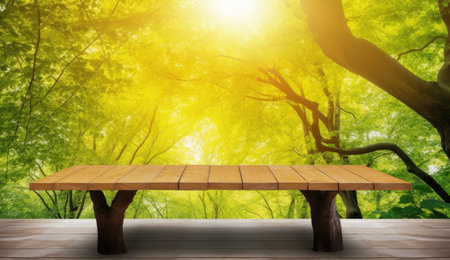 Wooden table and green forest background. Summer or spring concept.の素材