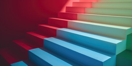 Colorful stairs on a dark background. 3d render illustration.の素材