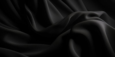 Closeup of rippled black silk fabric. 3d render illustrationの素材