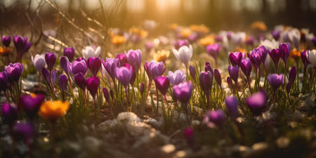 Beautiful crocuses in the forest. Early spring landscape.の素材