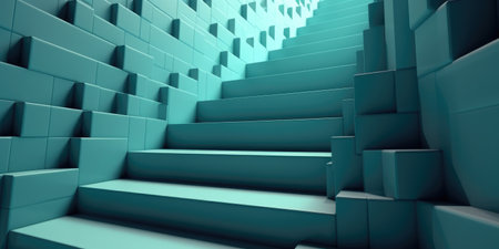 Abstract blue background with stairs, 3d render illustration, square formatの素材