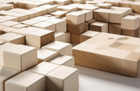 Wooden cubes on a white background. 3d render illustration.の素材