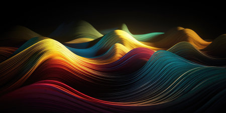 abstract colorful wavy lines on black background. 3d renderingの素材