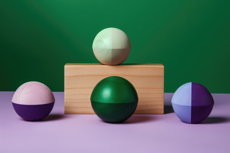 Wooden blocks with balls on a green background. Minimalism.の素材