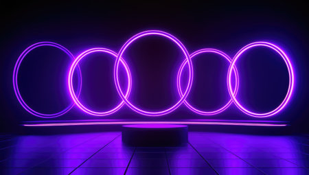 Neon round podium in the dark room. 3D rendering.の素材
