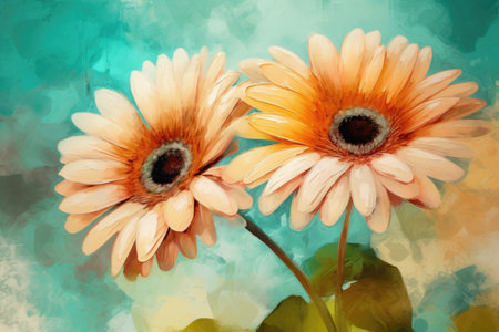 two gerbera daisies on a turquoise backgroundの素材
