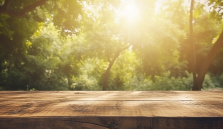 Empty wooden table for product display montages with nature bokeh backgroundの素材