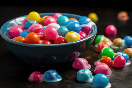 Colorful candies in a bowl on a black background, selective focusの素材
