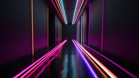 Futuristic dark corridor with neon lights and reflections. 3d renderingの素材