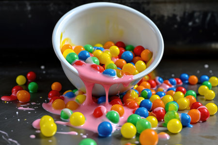 Colorful candies in a white bowl on a black background.の素材