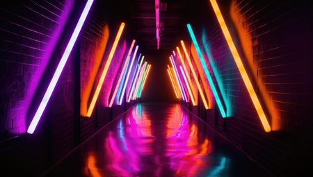 3d render. Futuristic corridor with colorful neon lights in the darkの素材
