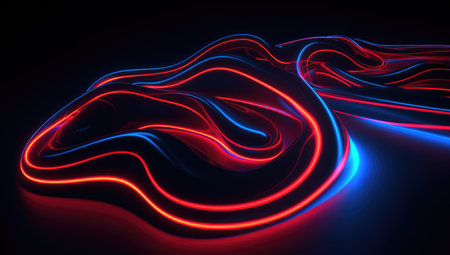 3d rendering of abstract wavy background with red and blue lightsの素材