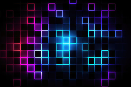 abstract background with blue and pink squares on a black background.の素材