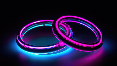 Neon rings on a black background. 3D rendering. Neon lights.の素材