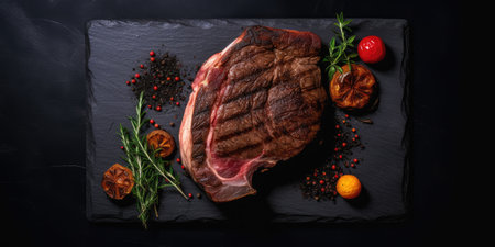 T-bone steak with rosemary and spices on a black backgroundの素材