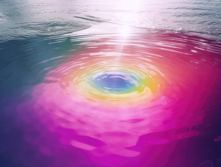 Rainbow on water surface with ripples. Abstract colorful background.の素材