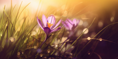 Beautiful crocus flowers in the grass. Spring nature background.の素材