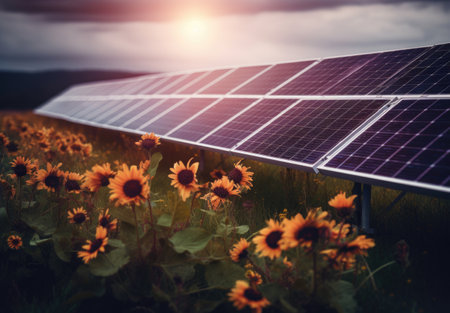 Solar panels and sunflowers in the field. Alternative energy conceptの素材