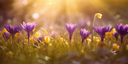 Beautiful crocuses in the meadow. Spring landscape.の素材