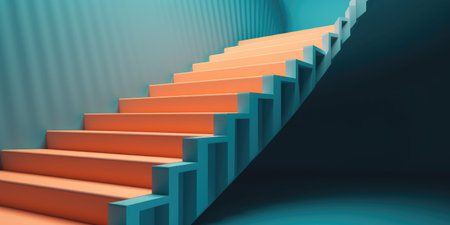 3d rendering of blue and orange stairs in a dark room.の素材