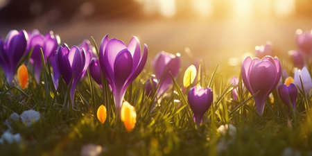Spring crocus flowers in the sunlight. Soft focus, shallow DOF.の素材