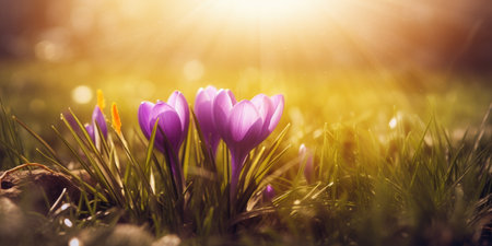 Beautiful spring crocus flowers in the grass. Spring background.の素材