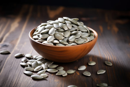 Pumpkin seeds in a bowl on a wooden background. Selective focus.の素材