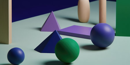 Abstract 3d rendering of geometric shapes in blue and green colors.の素材