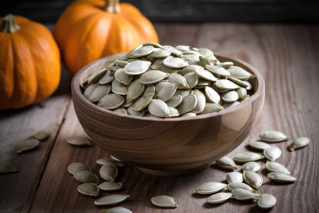 Pumpkin seeds in a bowl on a wooden background. Selective focus.の素材