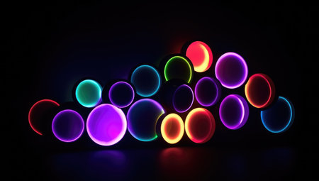 Colorful glowing soap bubbles on black background. 3D rendering.の素材