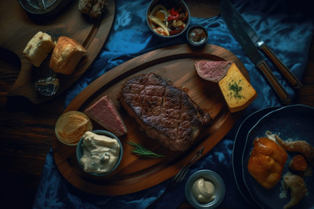 Steak on a wooden board with different sauces on a dark backgroundの素材