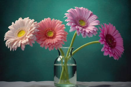 Three pink gerbera flowers in a vase on a green backgroundの素材