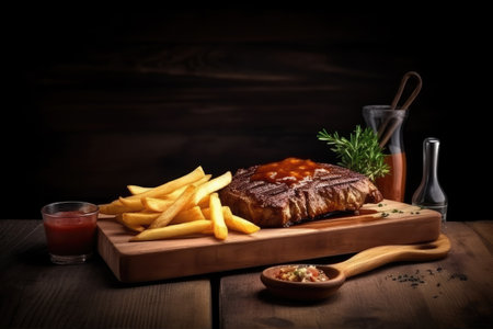 juicy steak beef meat with tomato sauce and french fries on wooden boardの素材