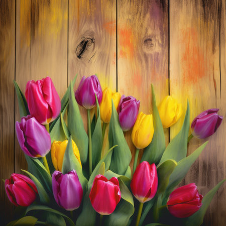 Bouquet of tulips on wooden background. Top view.の素材