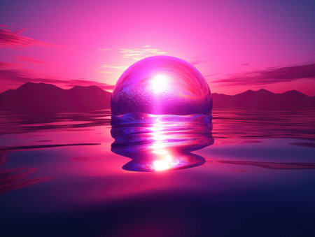 3D render of a crystal ball on the water with mountains in the backgroundの素材