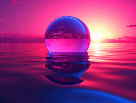 Crystal ball on the water and sunset background. 3D rendering.の素材