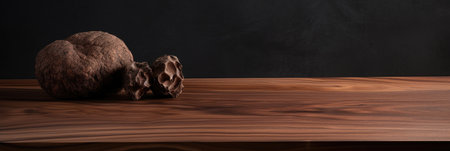 Chocolate truffles on a wooden table. Black background.の素材