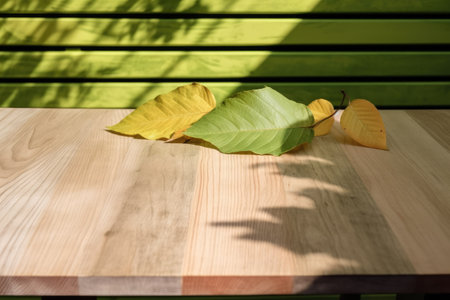 Wooden table with autumn leaves in front of a green wall.の素材