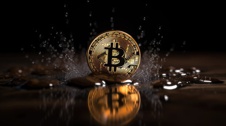 Golden bitcoin on dark background. Cryptocurrency concept. 3D Renderingの素材