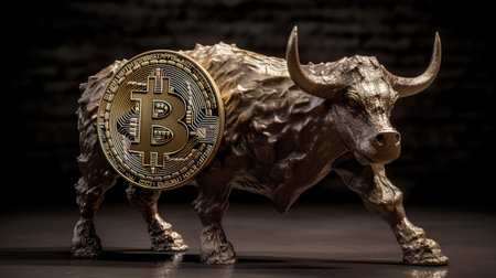Golden bitcoin bull on black background. Cryptocurrency investment concept.の素材