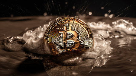 Bitcoin in water. Bitcoin is a modern way of exchange and this crypto currency is a convenient means of payment in the financial and web marketsの素材