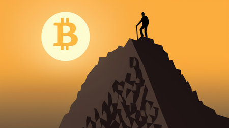 Silhouette of a man standing on top of a mountain and looking at the bitcoin symbolの素材