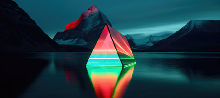 3d illustration of a crystal cube in the water with mountains in the backgroundの素材