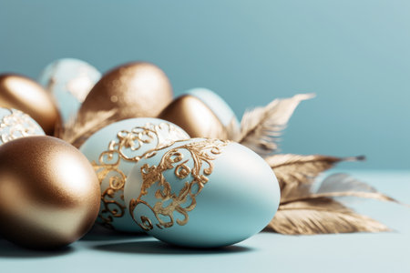 Easter eggs with feathers on a blue background. Toned.の素材