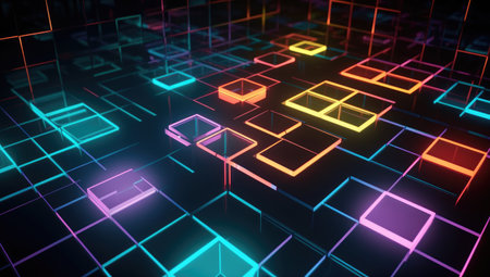 3d render of abstract geometric background with neon glowing squares and linesの素材