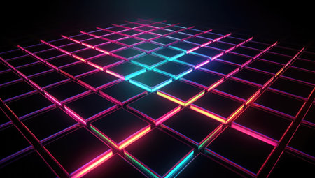 3d rendering of abstract geometric composition with glowing neon squares in empty spaceの素材