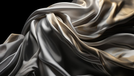 Closeup of rippled white silk fabric on black background.の素材