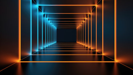 Abstract futuristic dark corridor with glowing neon lights. 3D Renderingの素材