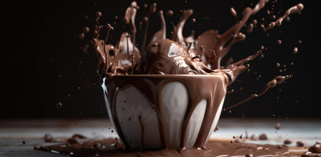 Splash of chocolate in a bowl on a wooden background. 3d rendering, 3d illustration.の素材