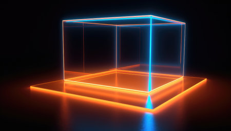 3d render, abstract neon background, empty showcase, glowing linesの素材